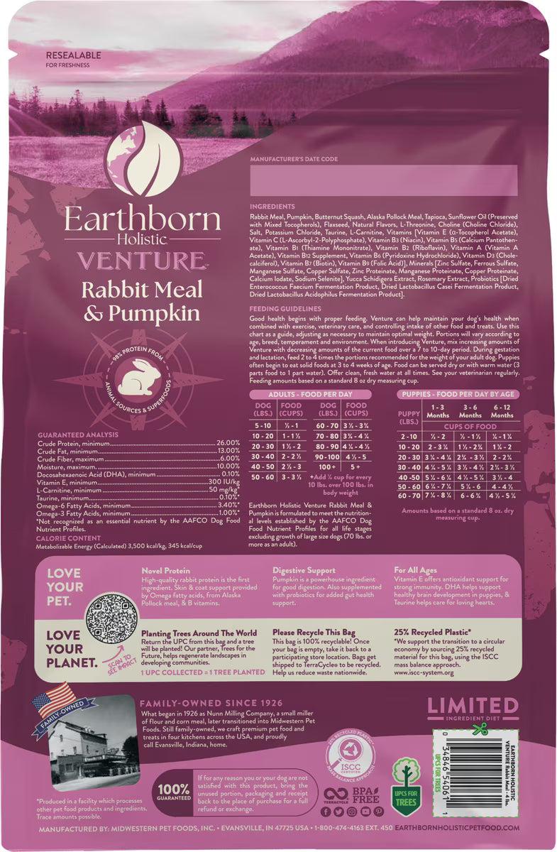 Earthborn Holistic Dog Venture LID Grain Free Rabbit & Pumpkin