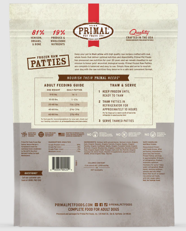 Primal Canine Venison Patties - 6lb