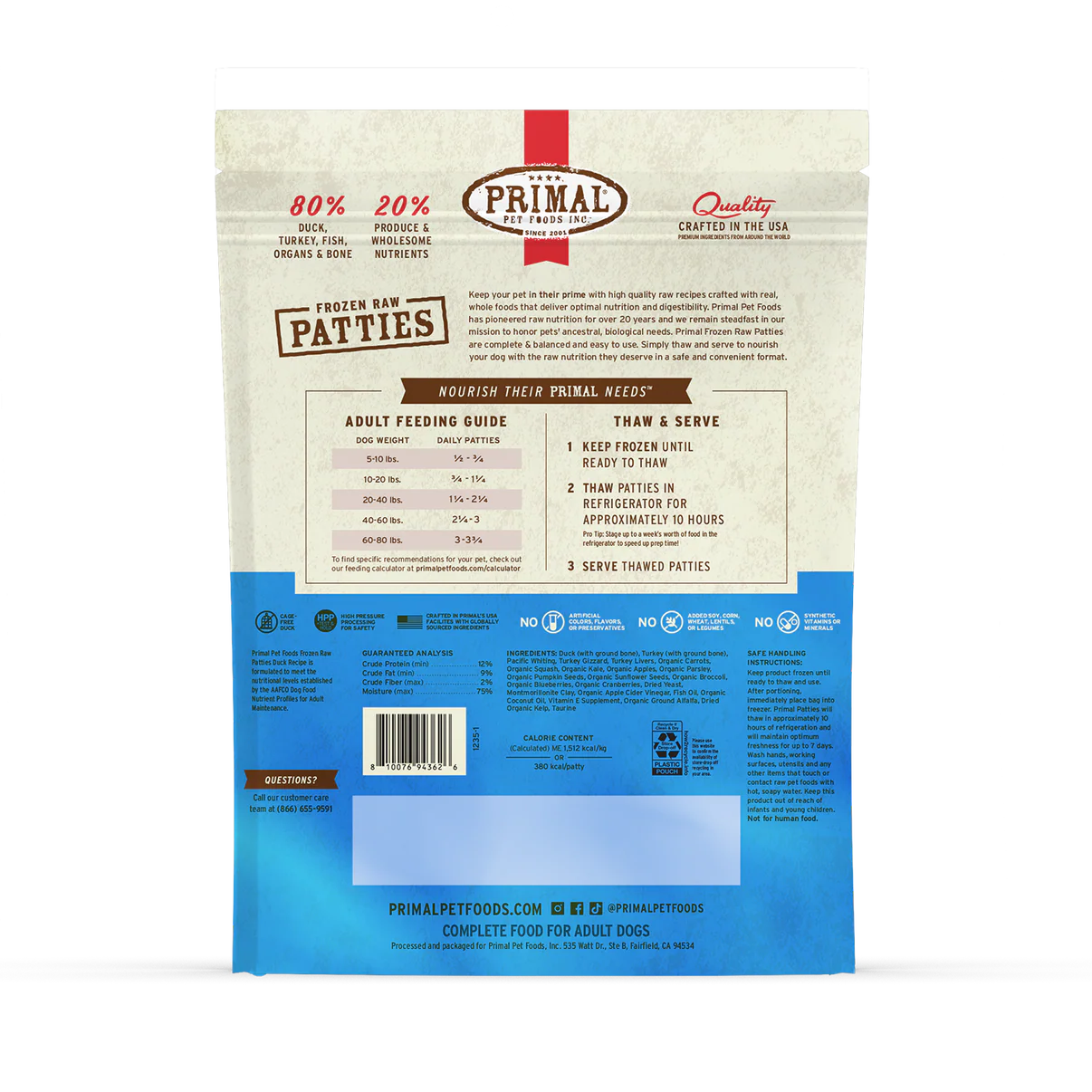 Primal Canine Frozen Duck with Turkey & Fish Patties - 6lb