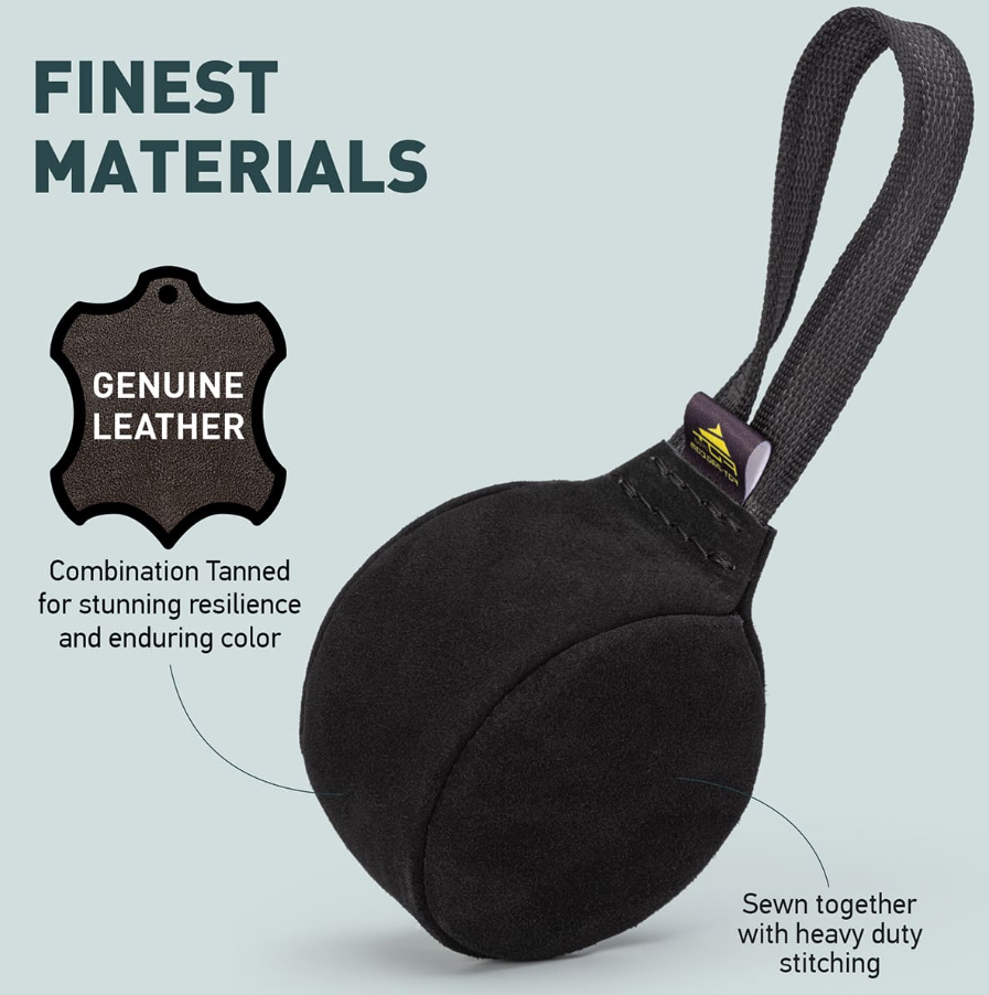 TE59 Round Leather Ball Dog Tug with Handle - 4 inch (10 cm) Black