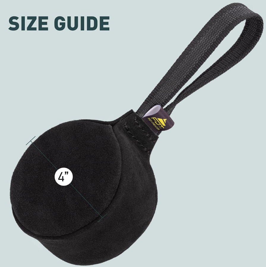 TE59 Round Leather Ball Dog Tug with Handle - 4 inch (10 cm) Black