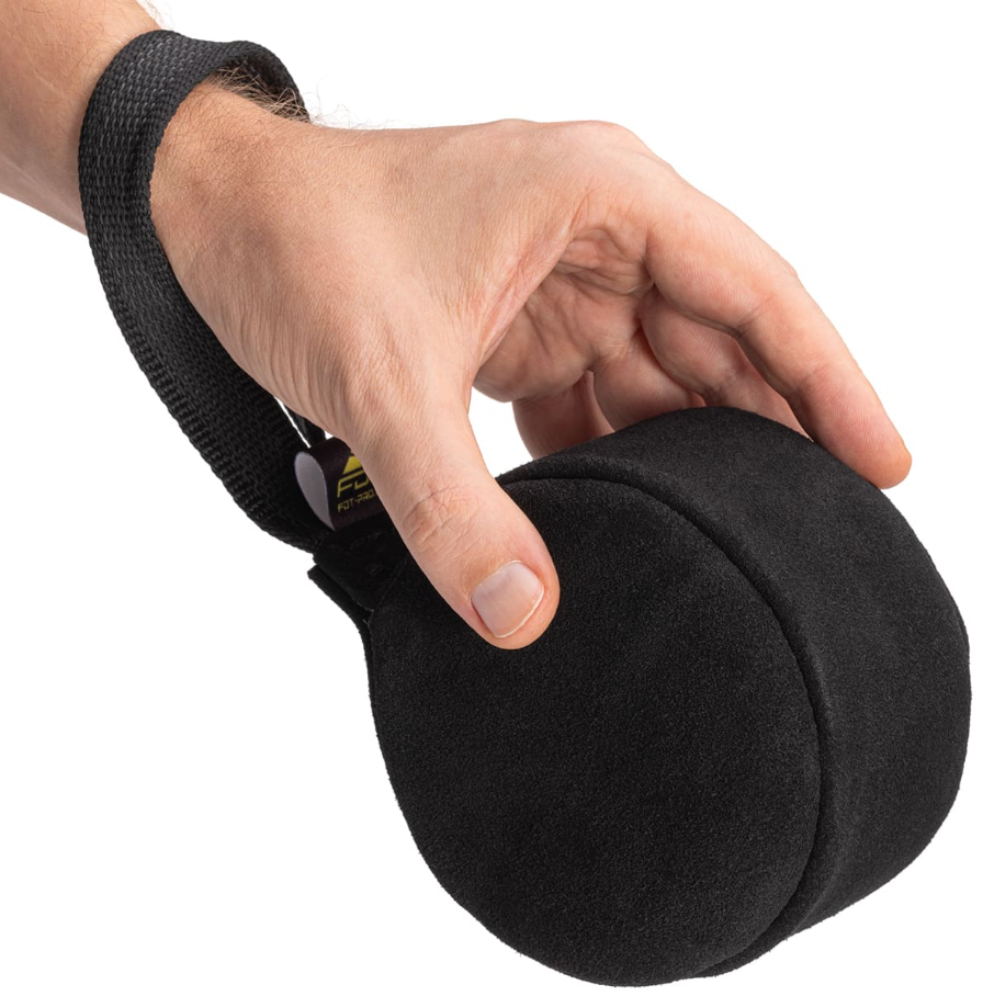 TE59 Round Leather Ball Dog Tug with Handle - 4 inch (10 cm) Black