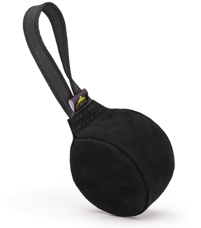 TE59 Round Leather Ball Dog Tug with Handle - 4 inch (10 cm) Black