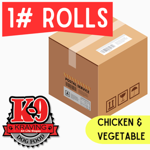 K-9 Kraving Chicken & Vegetable - 1 lb Roll Full Shipping Box w/ Dry Ice (35 Rolls, 2 Blocks Dry Ice)