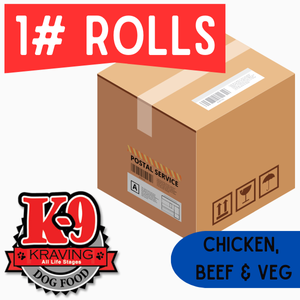 K-9 Kraving Chicken, Beef & Vegetable - 1 lb Rolls Full Shipping Box w/ Dry Ice (35 Rolls, 2 Blocks Dry Ice)
