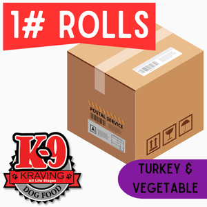 K-9 Kraving Turkey & Vegetable - 1 lb Rolls Full Shipping Box w/ Dry Ice (35 Rolls, 2 Blocks Dry Ice)