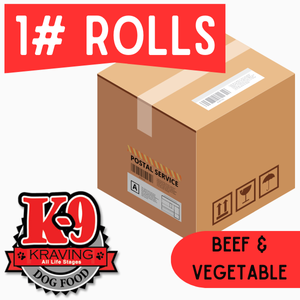 K-9 Kraving Beef & Vegetable- 1 lb Rolls Full Shipping Box w/ Dry Ice (35 Rolls, 2 Blocks Dry Ice)