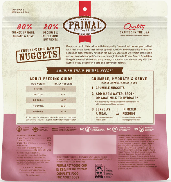 Primal Canine Freeze Dried Turkey/Sardines Nuggets