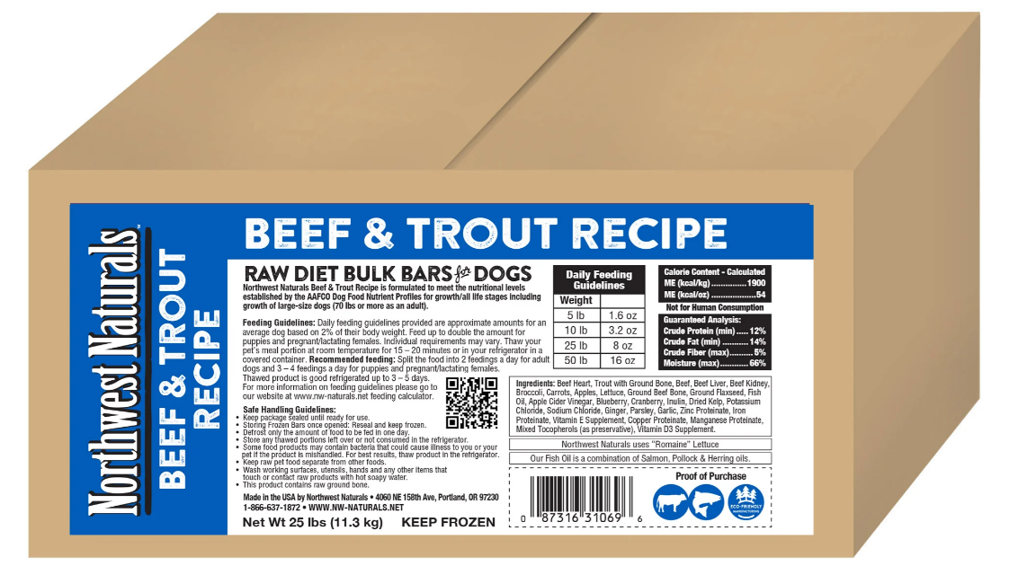 Northwest Naturals Frozen Beef & Trout - 1 lb Bars 25 lb Case