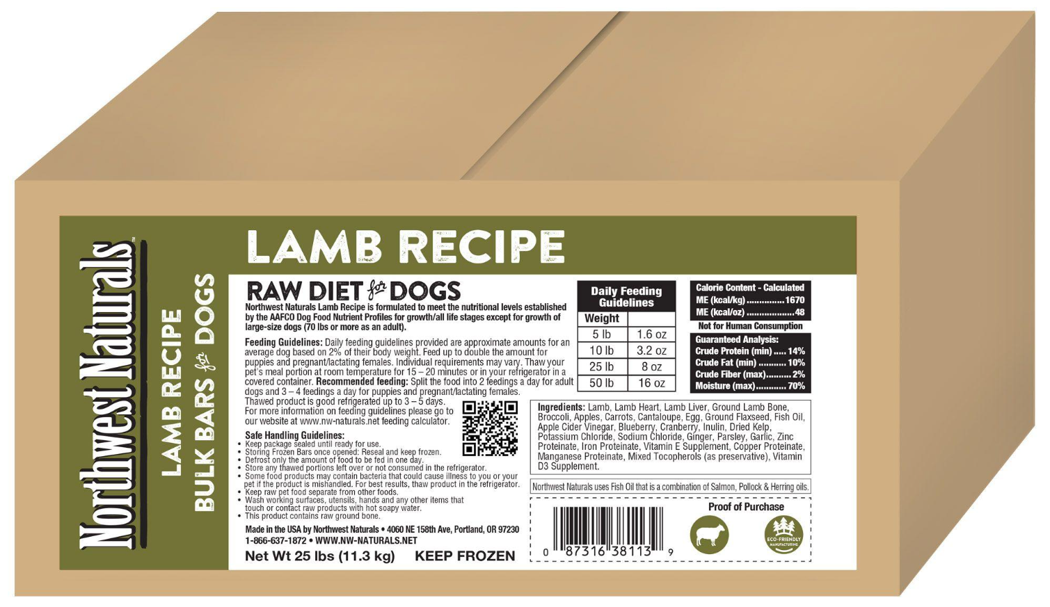 Northwest Naturals Frozen Lamb - 1 lb Bars 25 lb Case