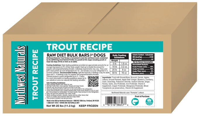 Northwest Naturals Frozen Trout - 1 lb Bars 25 lb Case