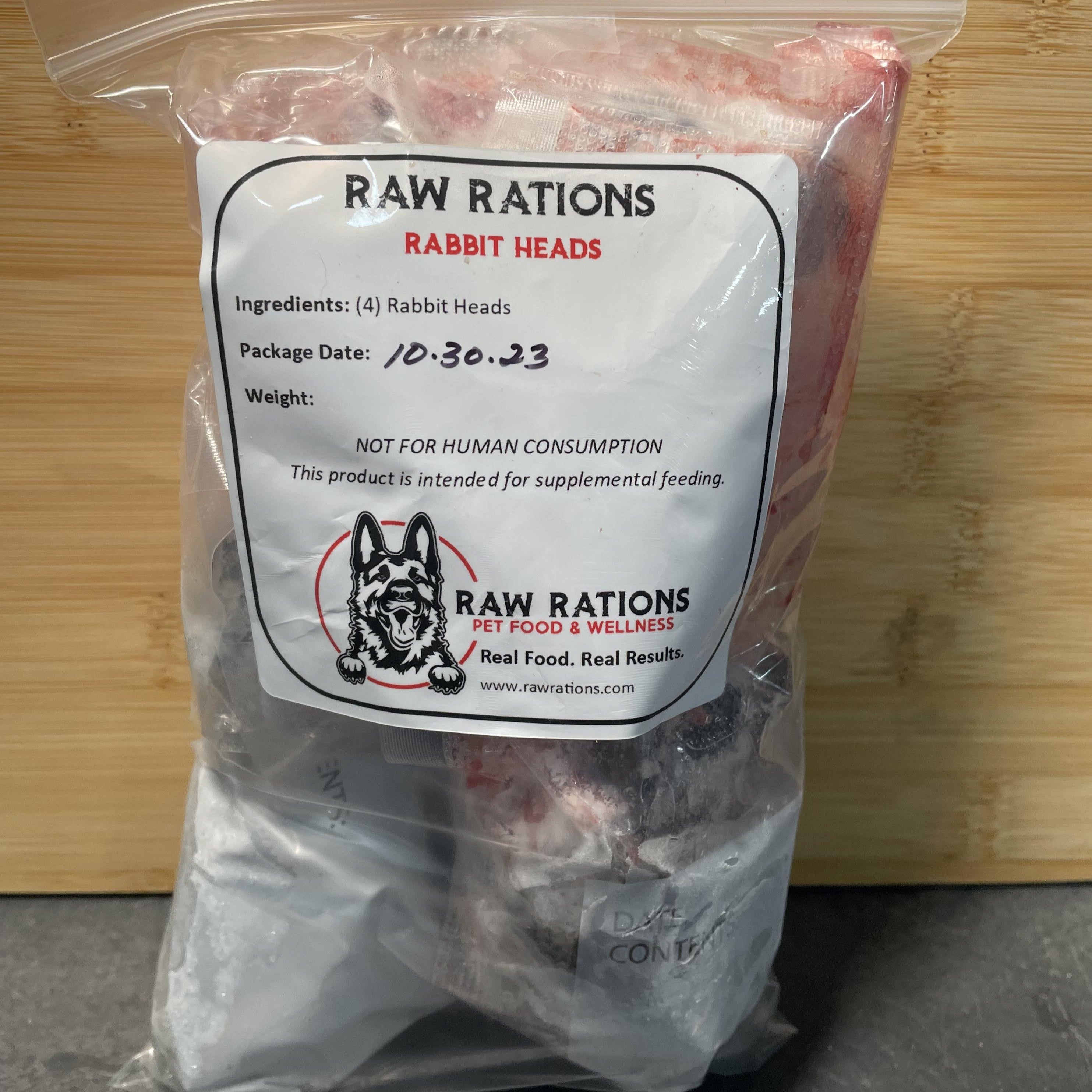 raw rations rabbit, raw pet food, rabbit head