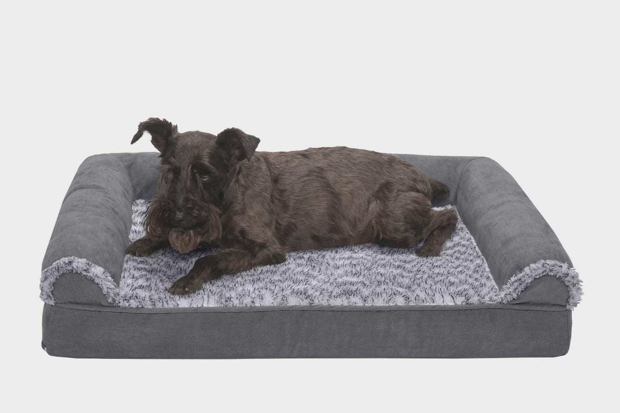 FurHaven Two-Tone Faux Fur & Suede Sofa-Style Pet Bed